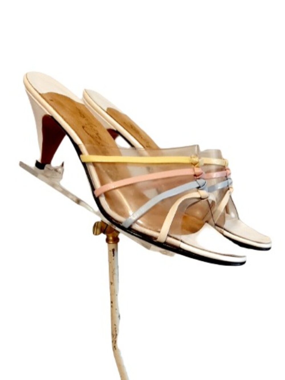1970s True Vintage White Leather And Clear Vinyl Kitten High Heel Slide Shoes 7N